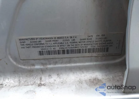 2009 Volkswagen Jetta S from USA, damaged, VIN 3VWJZ71K69M172592